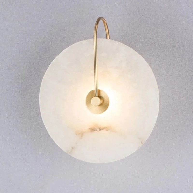 Wall Sconce Lighting with Marble Disc Shade and Curved Metal Arm - Image 6