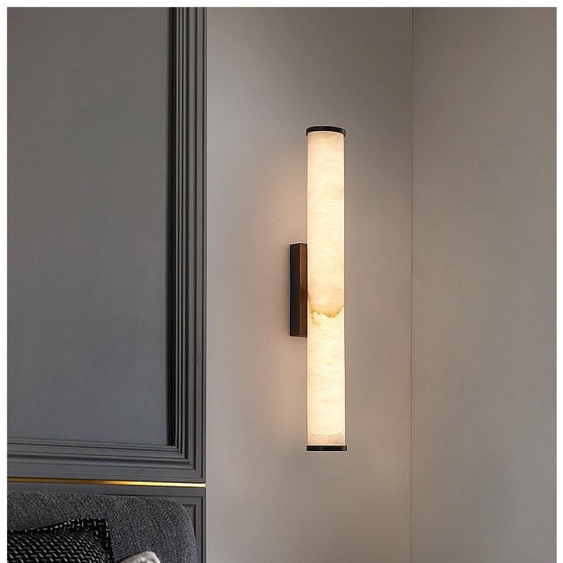 Wall Sconce Lighting with Marbled Cylindrical Shade and Brass Flush Mount - Image 1