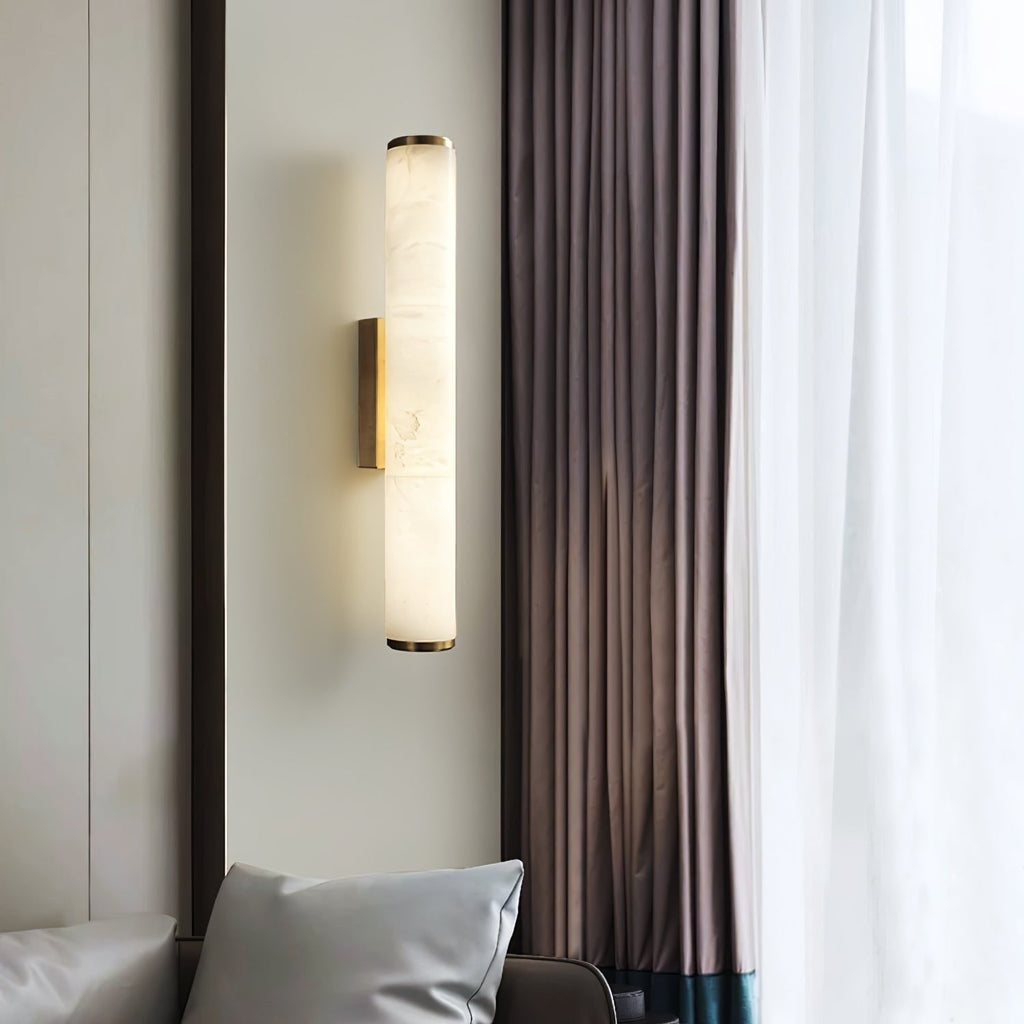 Wall Sconce Lighting with Marbled Cylindrical Shade and Brass Flush Mount - Image 2