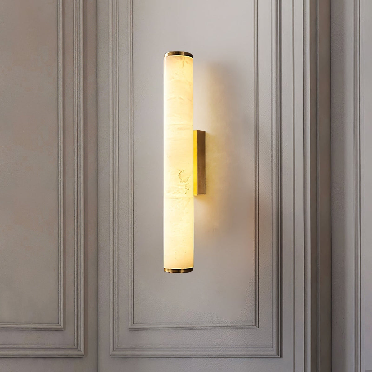 Wall Sconce Lighting with Marbled Cylindrical Shade and Brass Flush Mount - Image 5