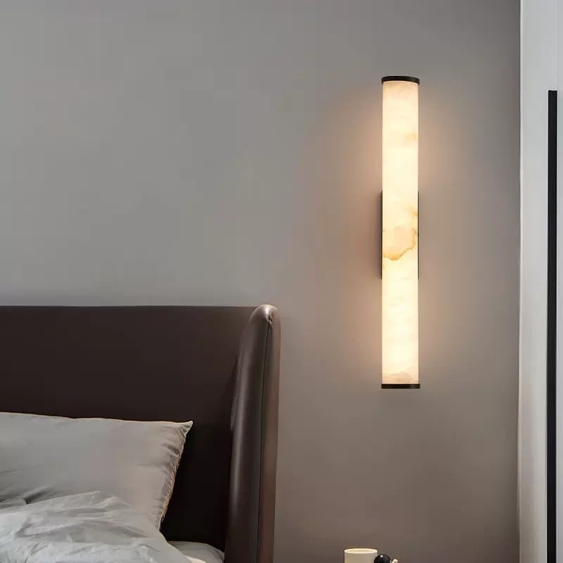 Wall Sconce Lighting with Marbled Cylindrical Shade and Brass Flush Mount - Image 7