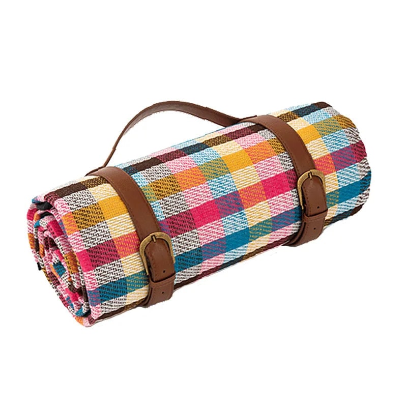 Waterproof Roll-Up Picnic Blanket with Carrying Strap and Checkered Pattern - Image 3