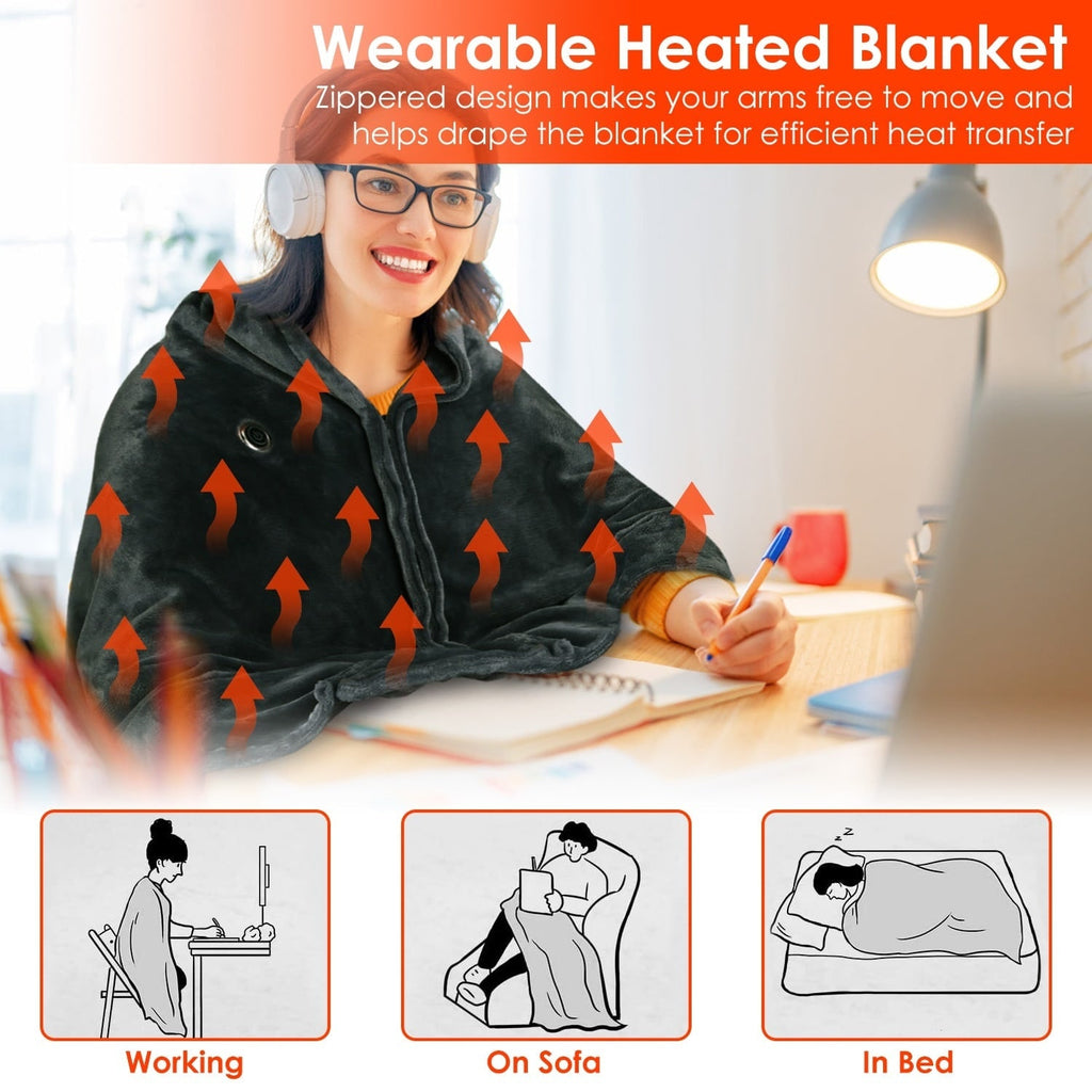 Wearable Heated Blanket with USB Power Fleece Throw Shawl and Zipper Closure - Image 10
