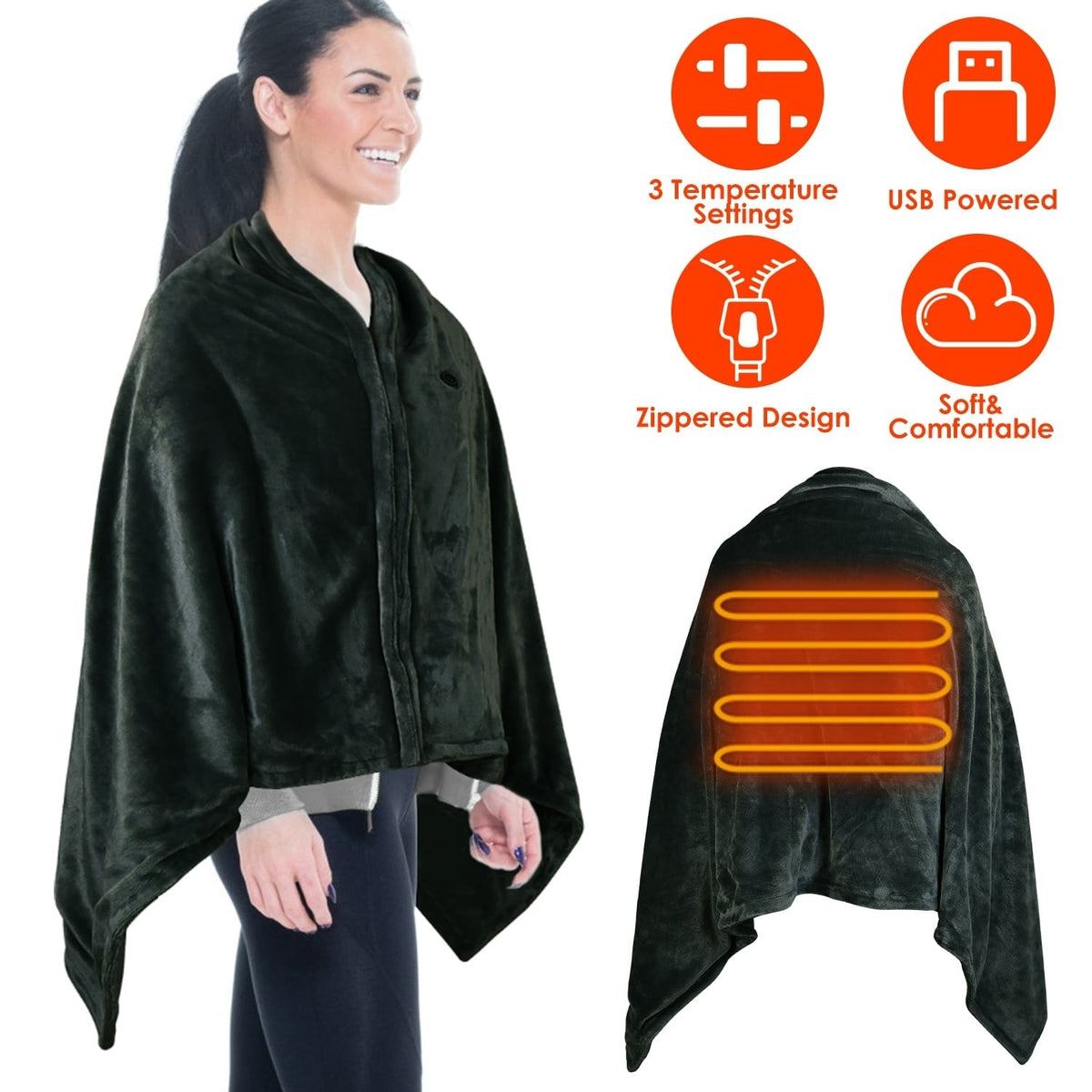 Wearable Heated Blanket with USB Power Fleece Throw Shawl and Zipper Closure - Image 11
