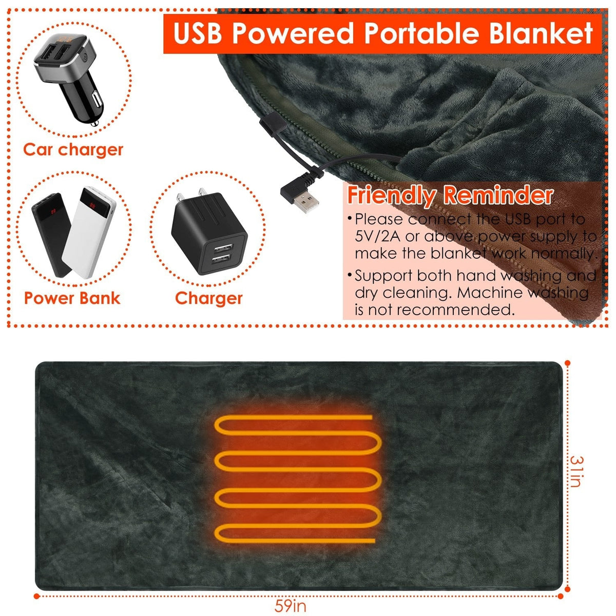 Wearable Heated Blanket with USB Power Fleece Throw Shawl and Zipper Closure - Image 3