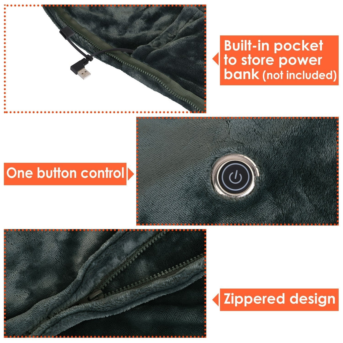 Wearable Heated Blanket with USB Power Fleece Throw Shawl and Zipper Closure - Image 9