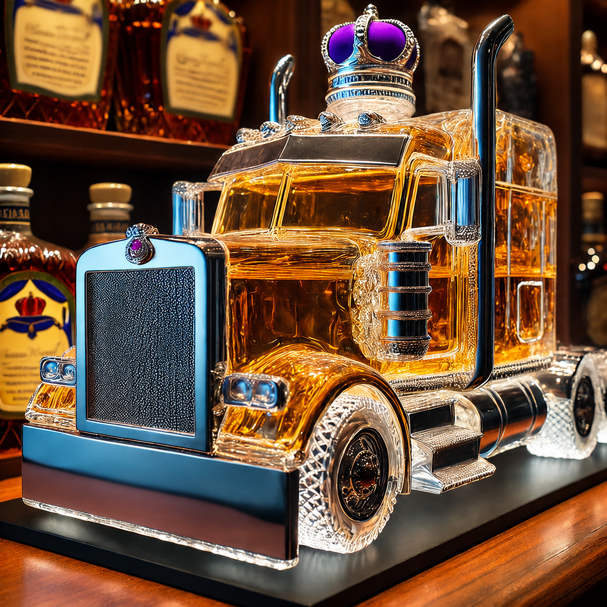 Whiskey Decanter and Glass Set with Semi Truck Design and Chrome Accents - Image 1