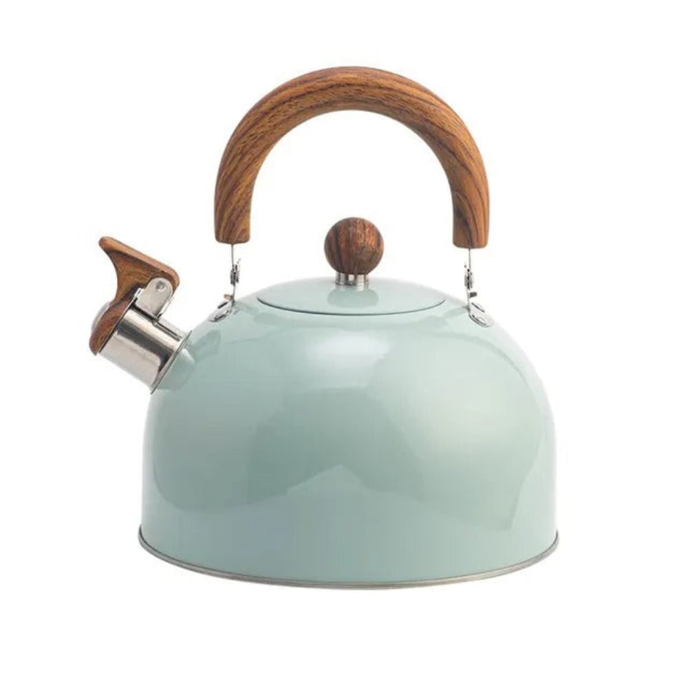 Whistling Tea Kettle Stovetop with Stainless Steel Body and Wood Grain Handle - Image 1
