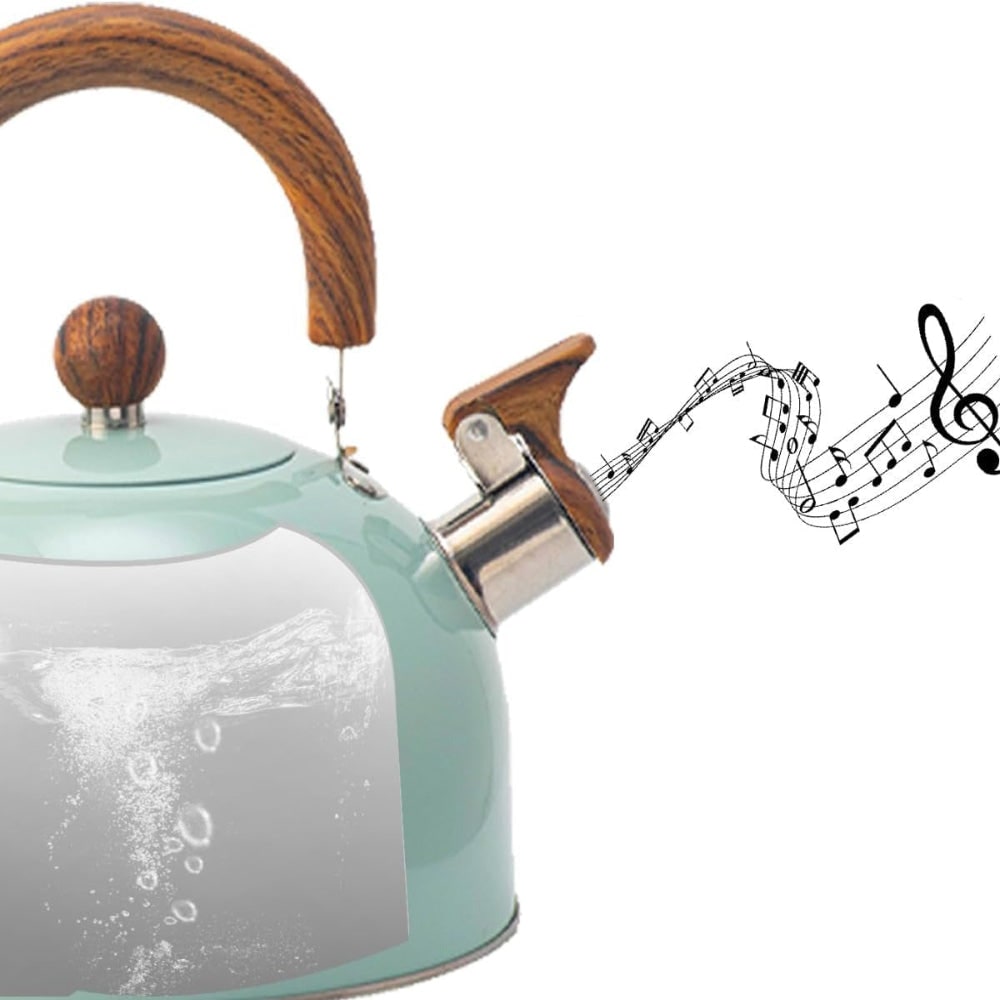 Whistling Tea Kettle Stovetop with Stainless Steel Body and Wood Grain Handle - Image 3