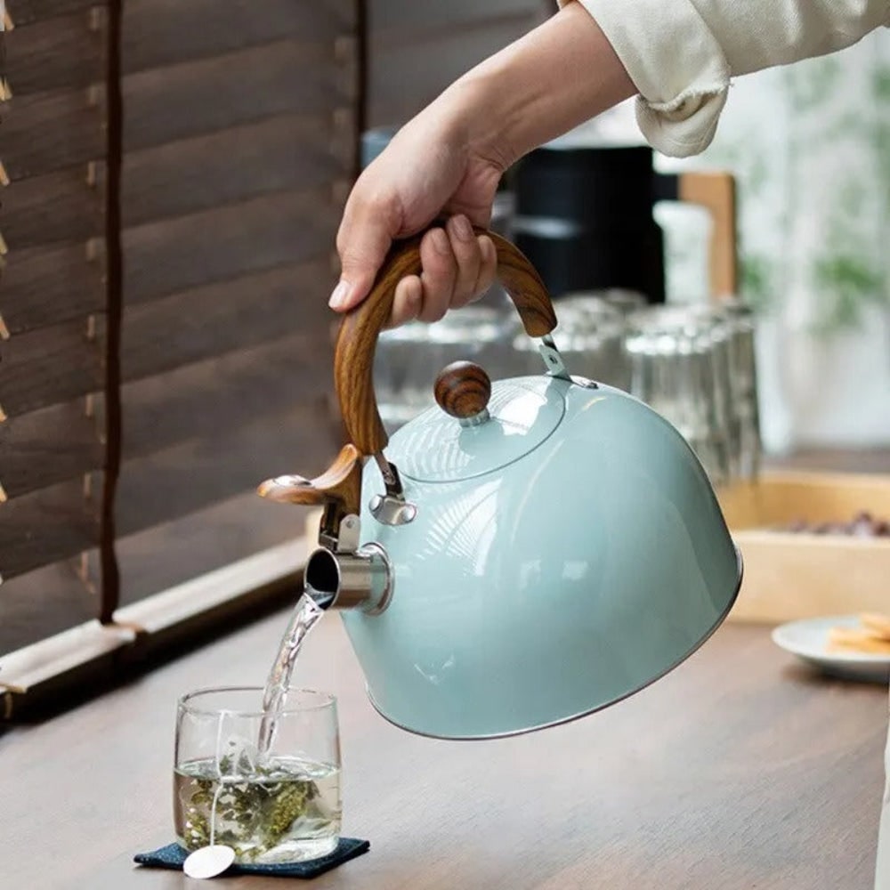 Whistling Tea Kettle Stovetop with Stainless Steel Body and Wood Grain Handle - Image 4