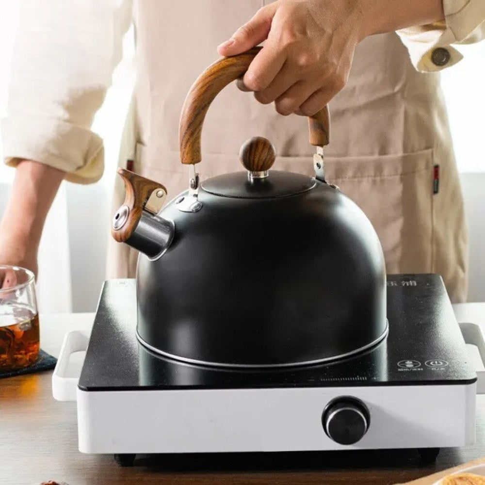 Whistling Tea Kettle Stovetop with Stainless Steel Body and Wood Grain Handle - Image 5