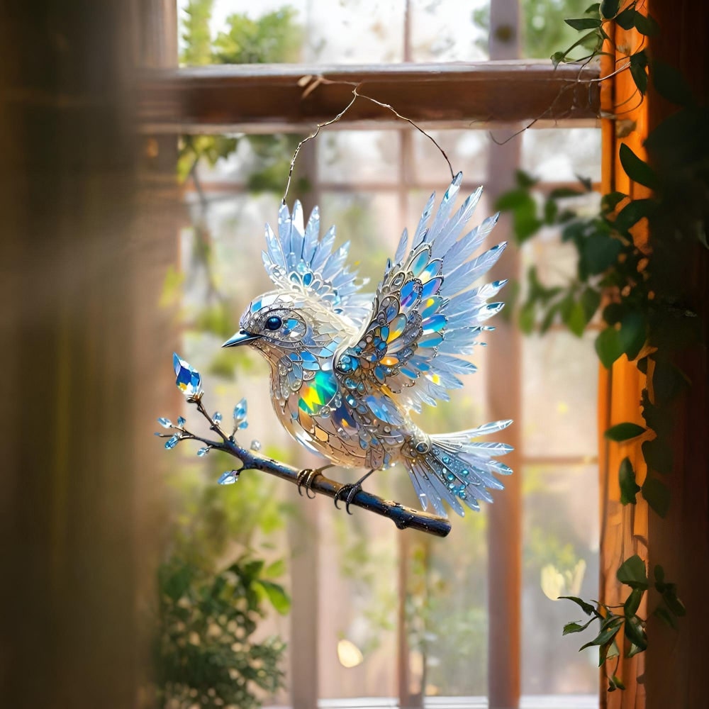 Window Suncatcher with Stained Glass Bluebird Design and Hanging Chain - Image 2