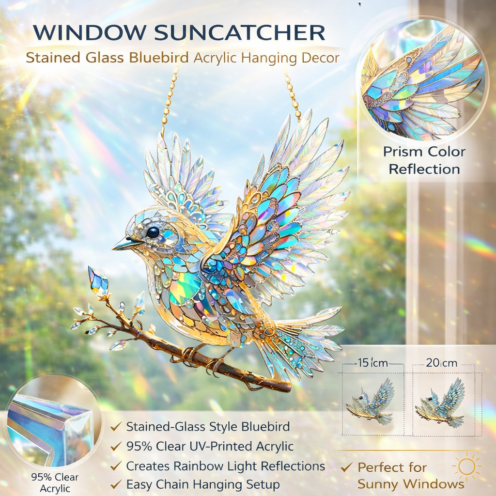 Window Suncatcher with Stained Glass Bluebird Design and Hanging Chain - Image 4