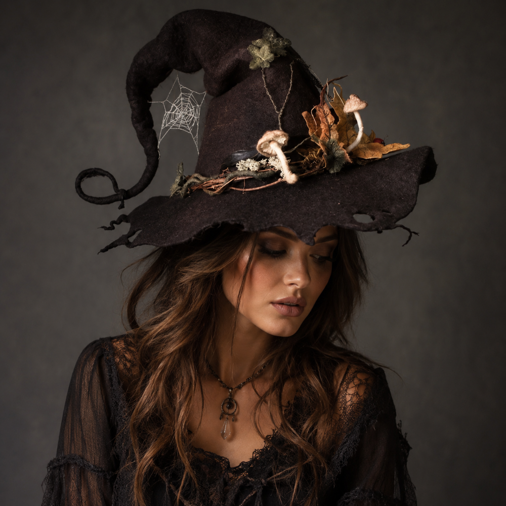 Witch Hat with Curled Tip Mushroom and Spiderweb Forest Decorations for Costume Party - Image 1