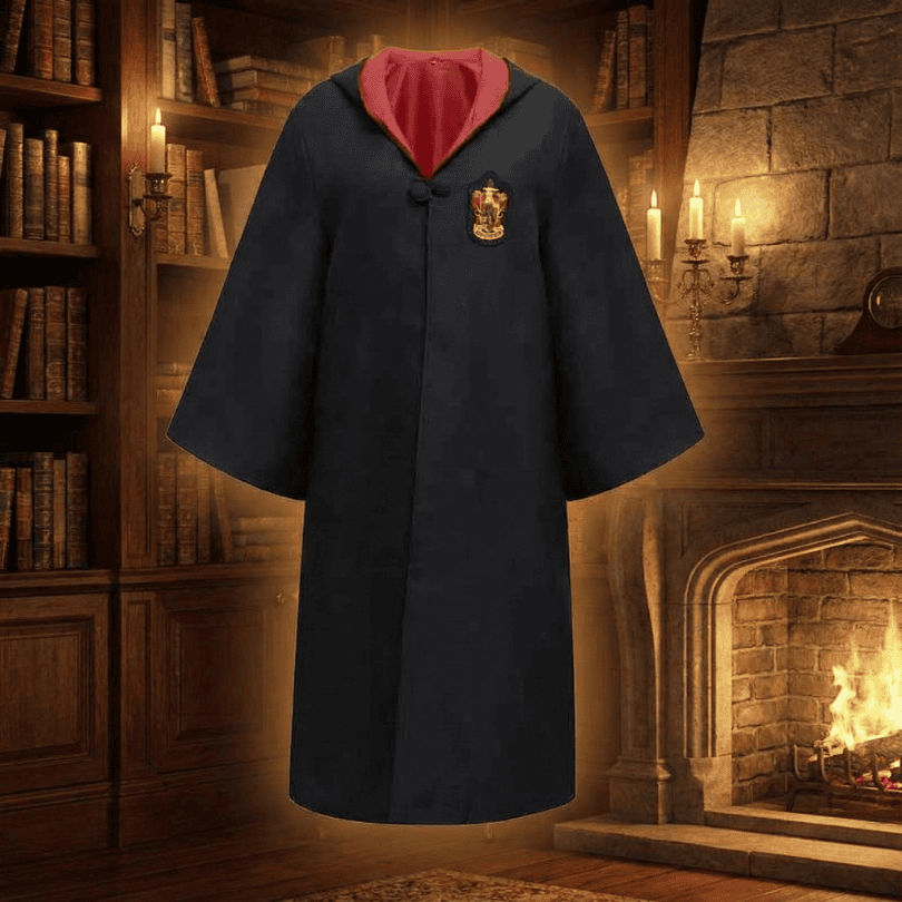 Wizard Costume Robe with Hooded Design Embroidered Crest and Wide Flared Sleeves - Image 1
