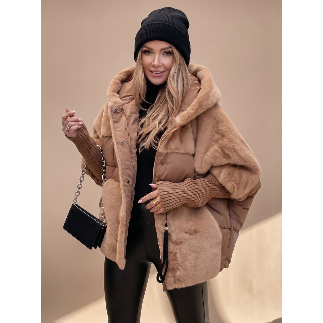 Women's Black Puffer Jacket with Faux Fur Panels and Hybrid Quilted Design - Image 1