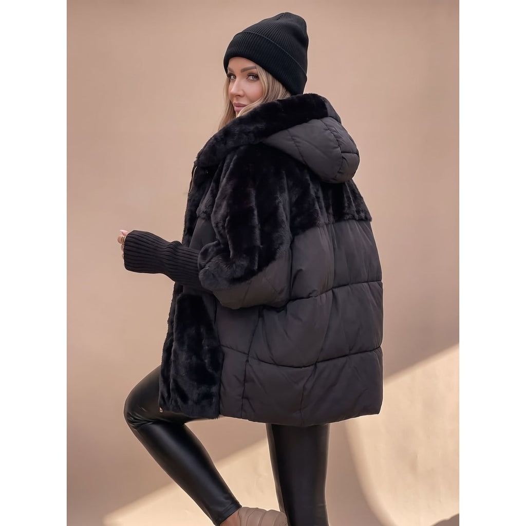 Women's Black Puffer Jacket with Faux Fur Panels and Hybrid Quilted Design - Image 3
