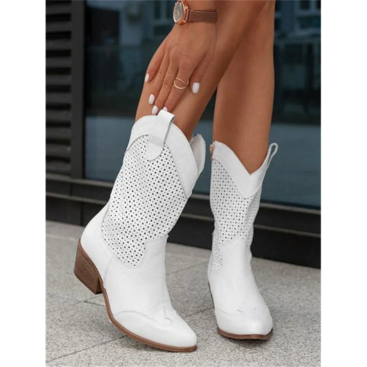 Women's Cowboy Boots with Pointed Toe Perforated Shaft and Side Zipper - Image 1
