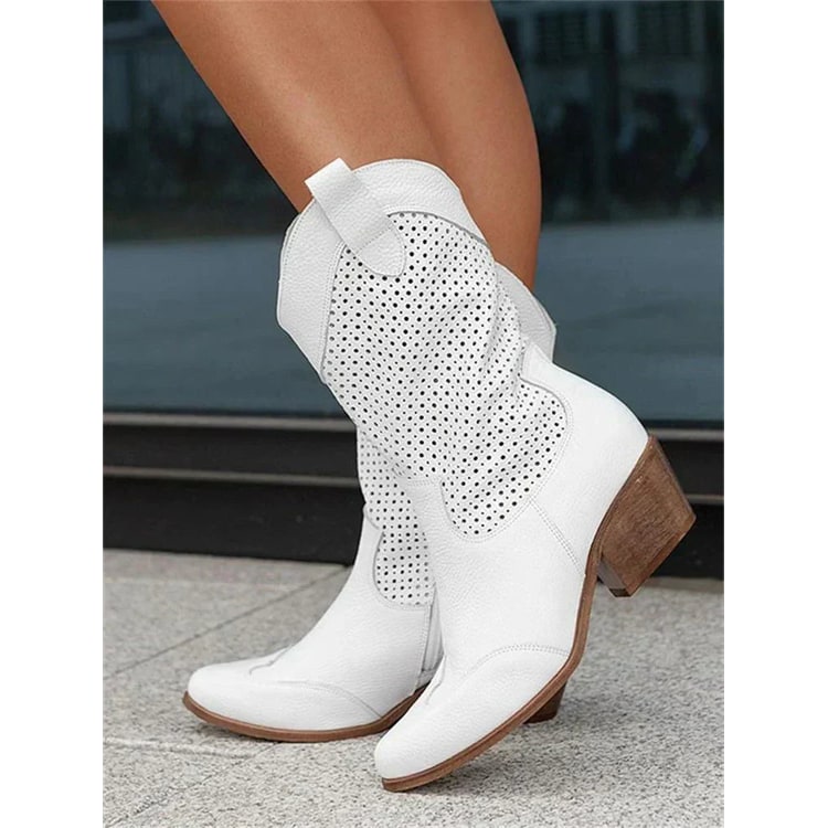 Women's Cowboy Boots with Pointed Toe Perforated Shaft and Side Zipper - Image 3