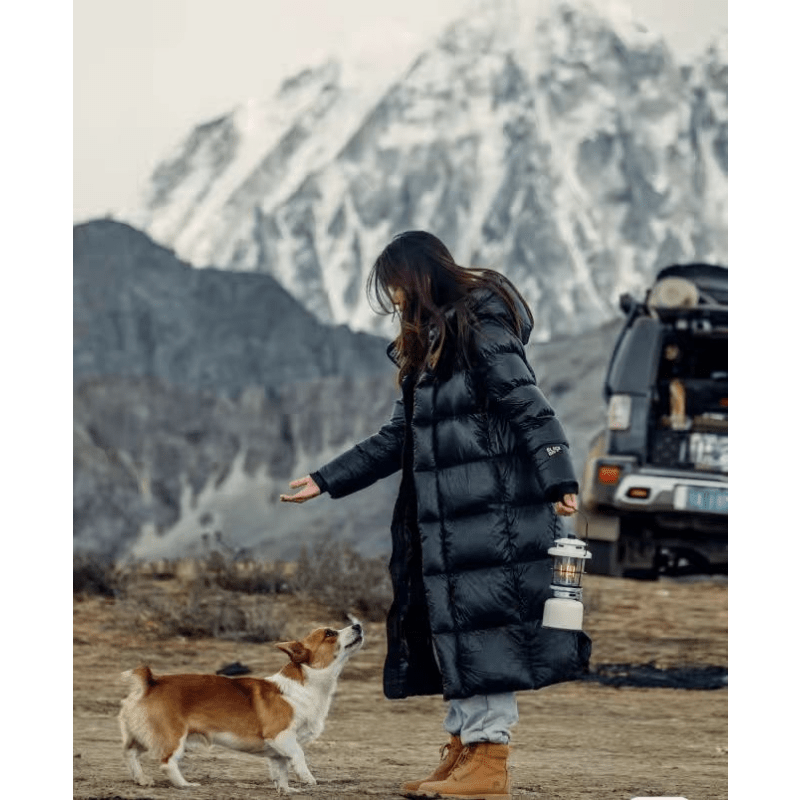 Women's Down Puffer Jacket with Hood Long Black Winter Coat Water-Resistant with Side Snap Vents - Image 1