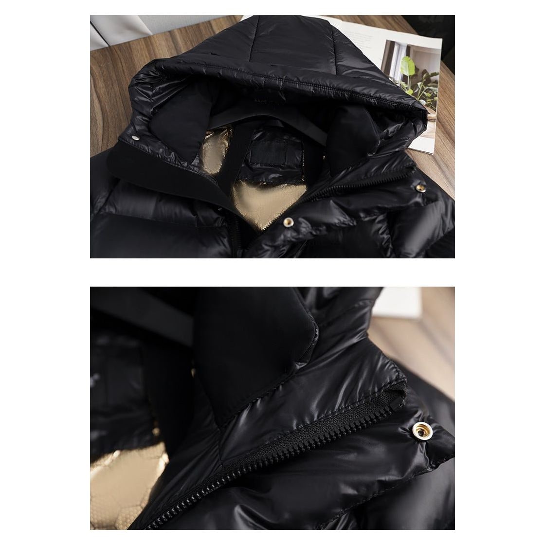 Women's Down Puffer Jacket with Hood Long Black Winter Coat Water-Resistant with Side Snap Vents - Image 10
