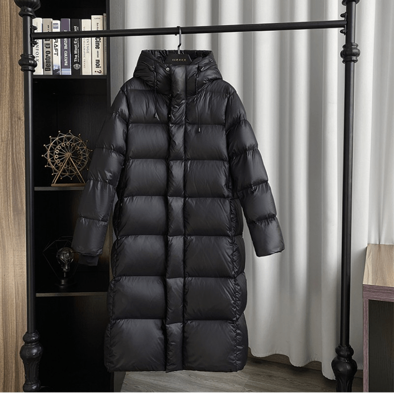 Women's Down Puffer Jacket with Hood Long Black Winter Coat Water-Resistant with Side Snap Vents - Image 2