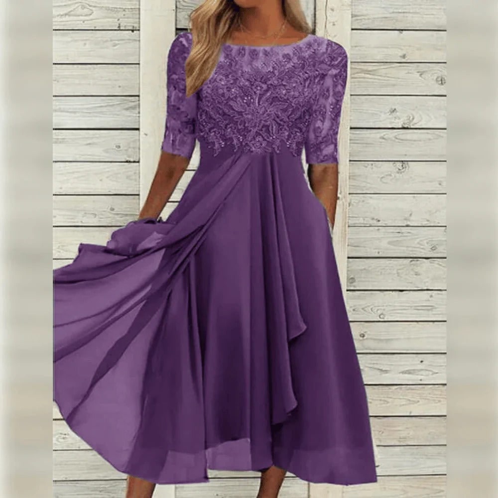 Women's Fall Wedding Guest Midi Dress with Lace Bodice and Draped Chiffon Sleeves - Image 1