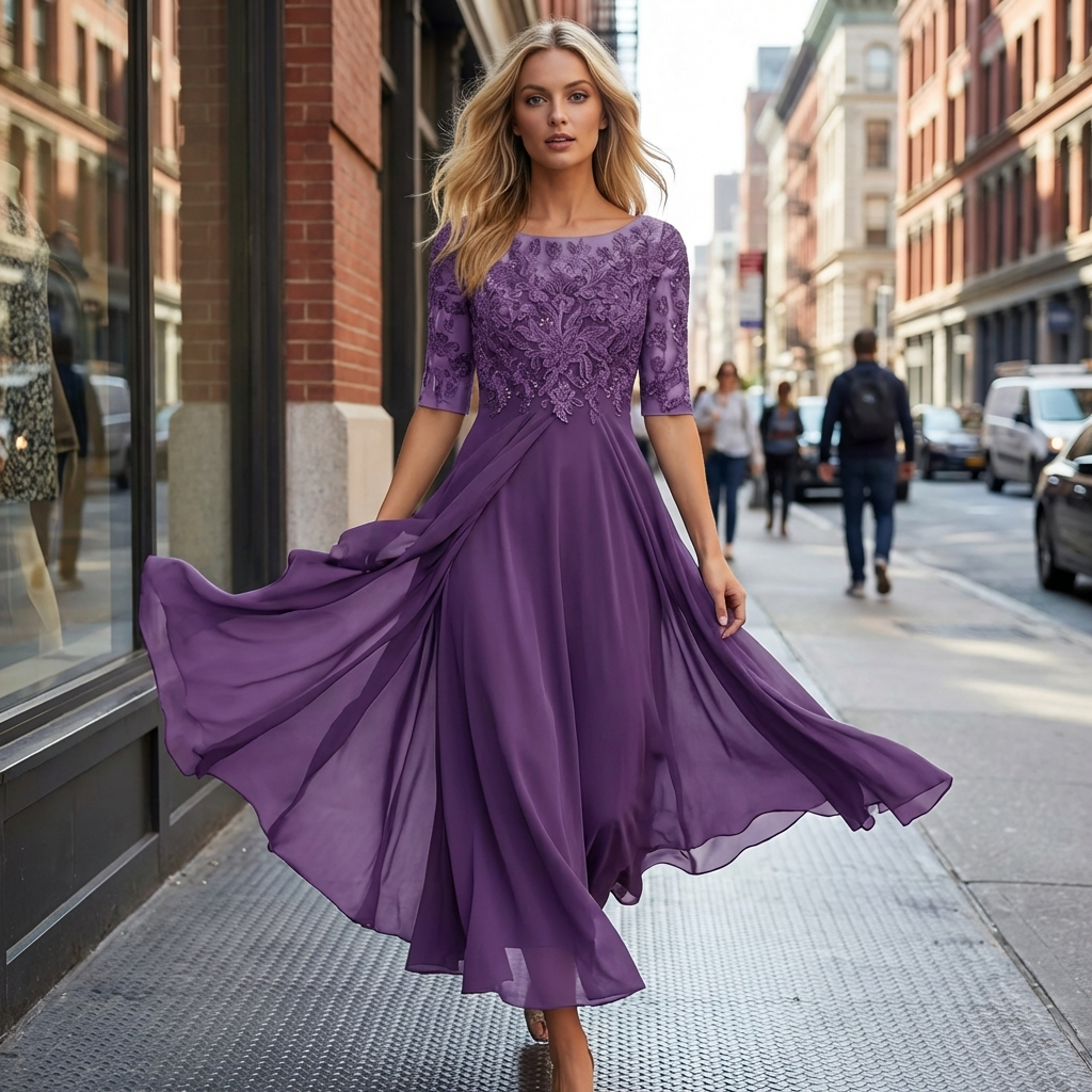Women's Fall Wedding Guest Midi Dress with Lace Bodice and Draped Chiffon Sleeves - Image 2