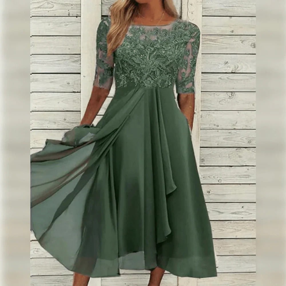 Women's Fall Wedding Guest Midi Dress with Lace Bodice and Draped Chiffon Sleeves - Image 3