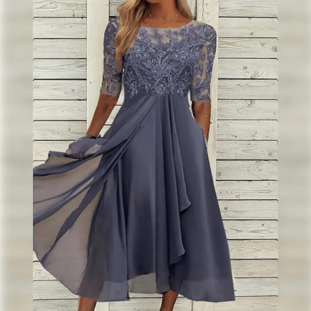 Women's Fall Wedding Guest Midi Dress with Lace Bodice and Draped Chiffon Sleeves - Image 5