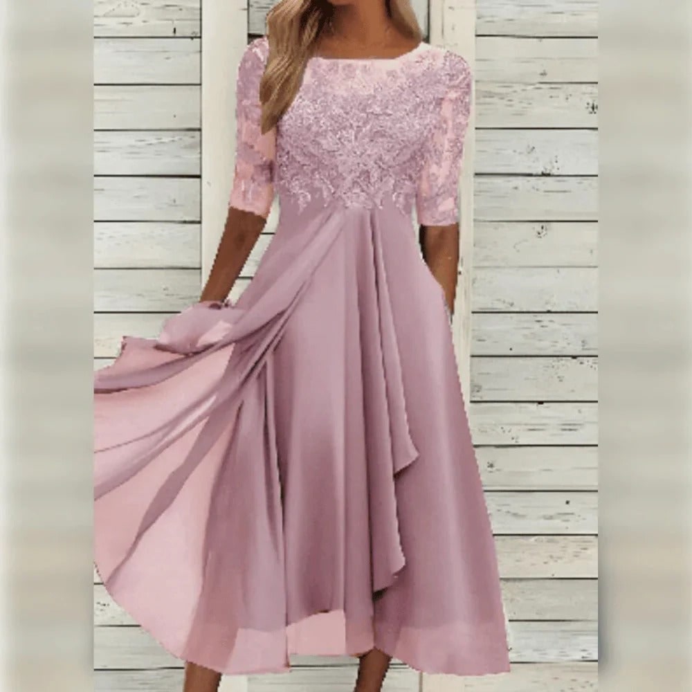 Women's Fall Wedding Guest Midi Dress with Lace Bodice and Draped Chiffon Sleeves - Image 6