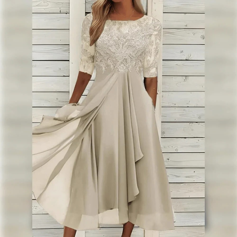 Women's Fall Wedding Guest Midi Dress with Lace Bodice and Draped Chiffon Sleeves - Image 8