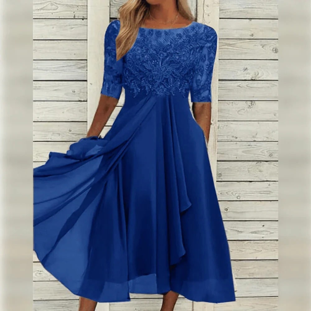 Women's Fall Wedding Guest Midi Dress with Lace Bodice and Draped Chiffon Sleeves - Image 9