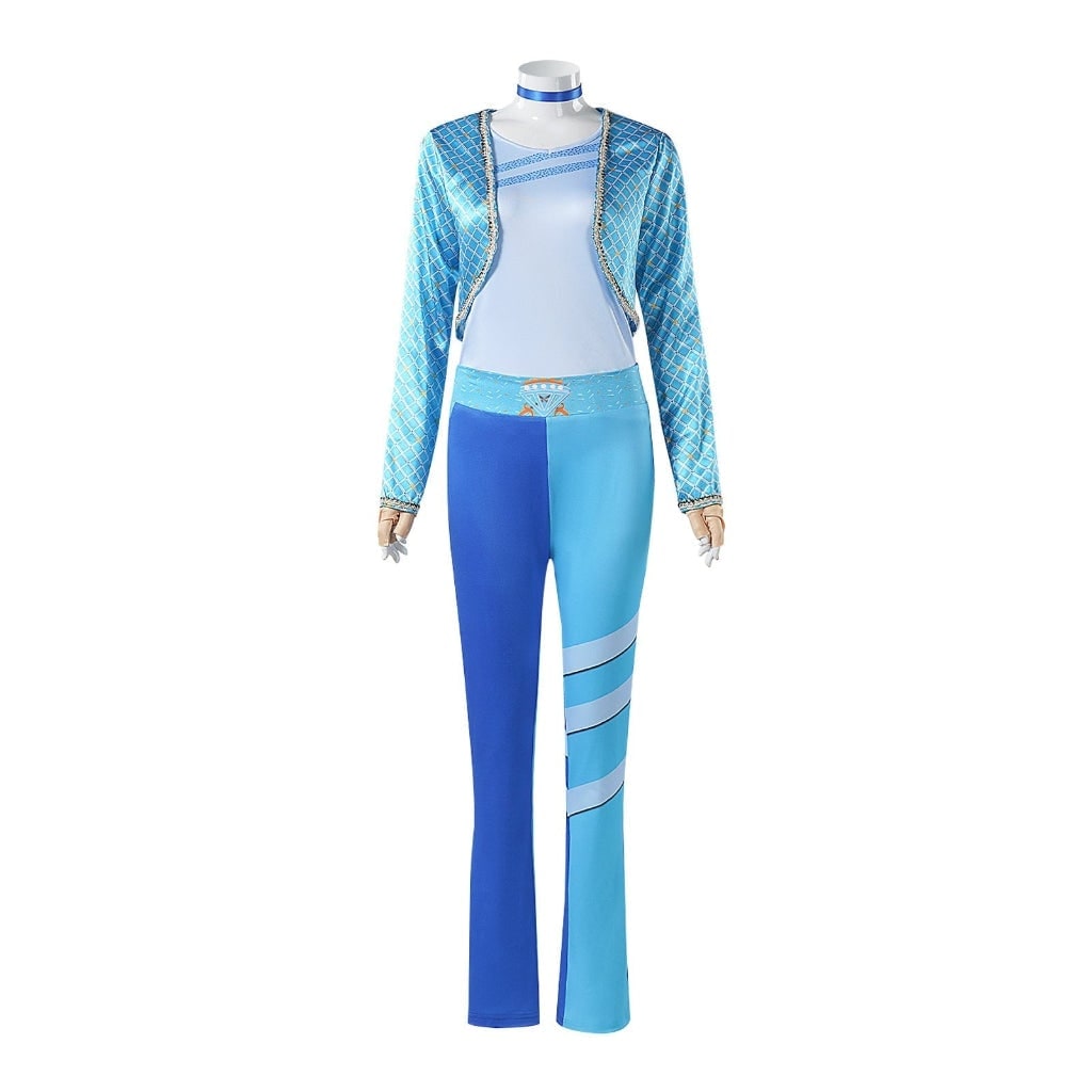 Women's Halloween Cosplay Costume Blue Character Jacket and Pants Set with Choker - Image 3