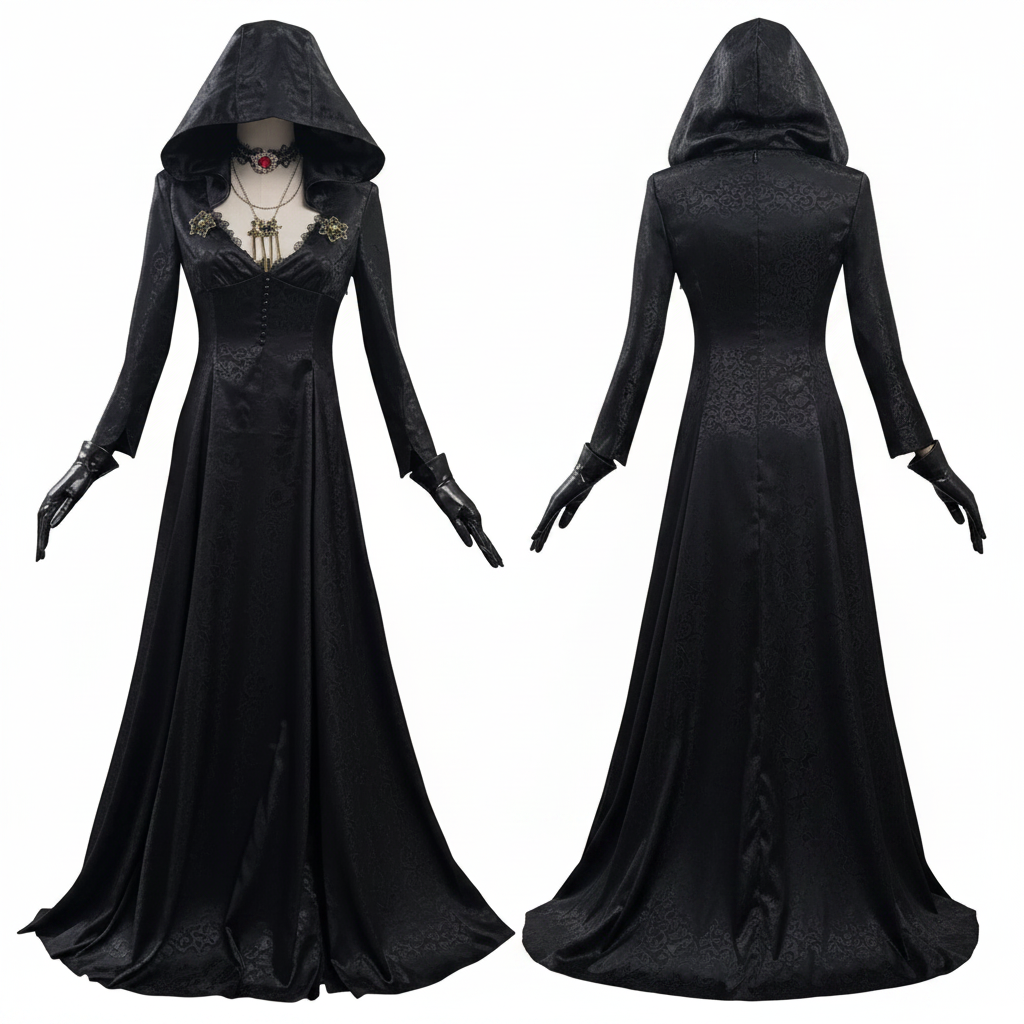 Women's Halloween Vampire Costume Gothic Long Dress with Hood Choker and Gloves - Image 2