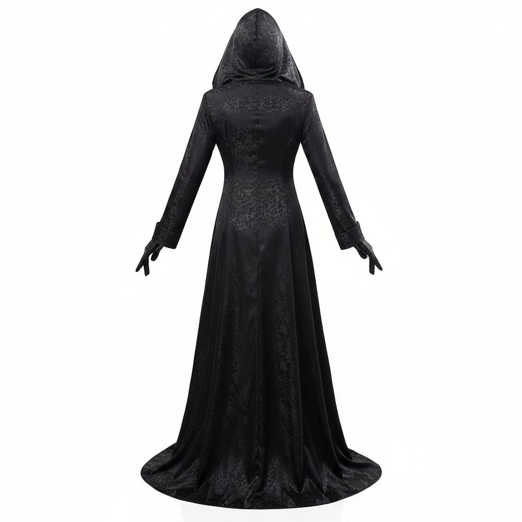 Women's Halloween Vampire Costume Gothic Long Dress with Hood Choker and Gloves - Image 3