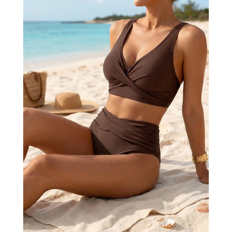 Women's High Waisted Bikini Top with Crossover Wrap Front and Side Ruched Two Piece Swimsuit - Image 1