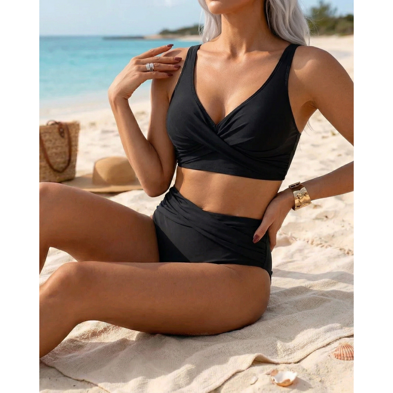 Women's High Waisted Bikini Top with Crossover Wrap Front and Side Ruched Two Piece Swimsuit - Image 4