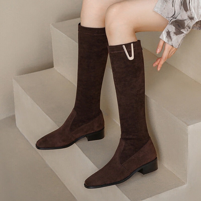 Women's Knee High Boots with Faux Suede Upper Low Block Heel and Almond Toe - Image 2