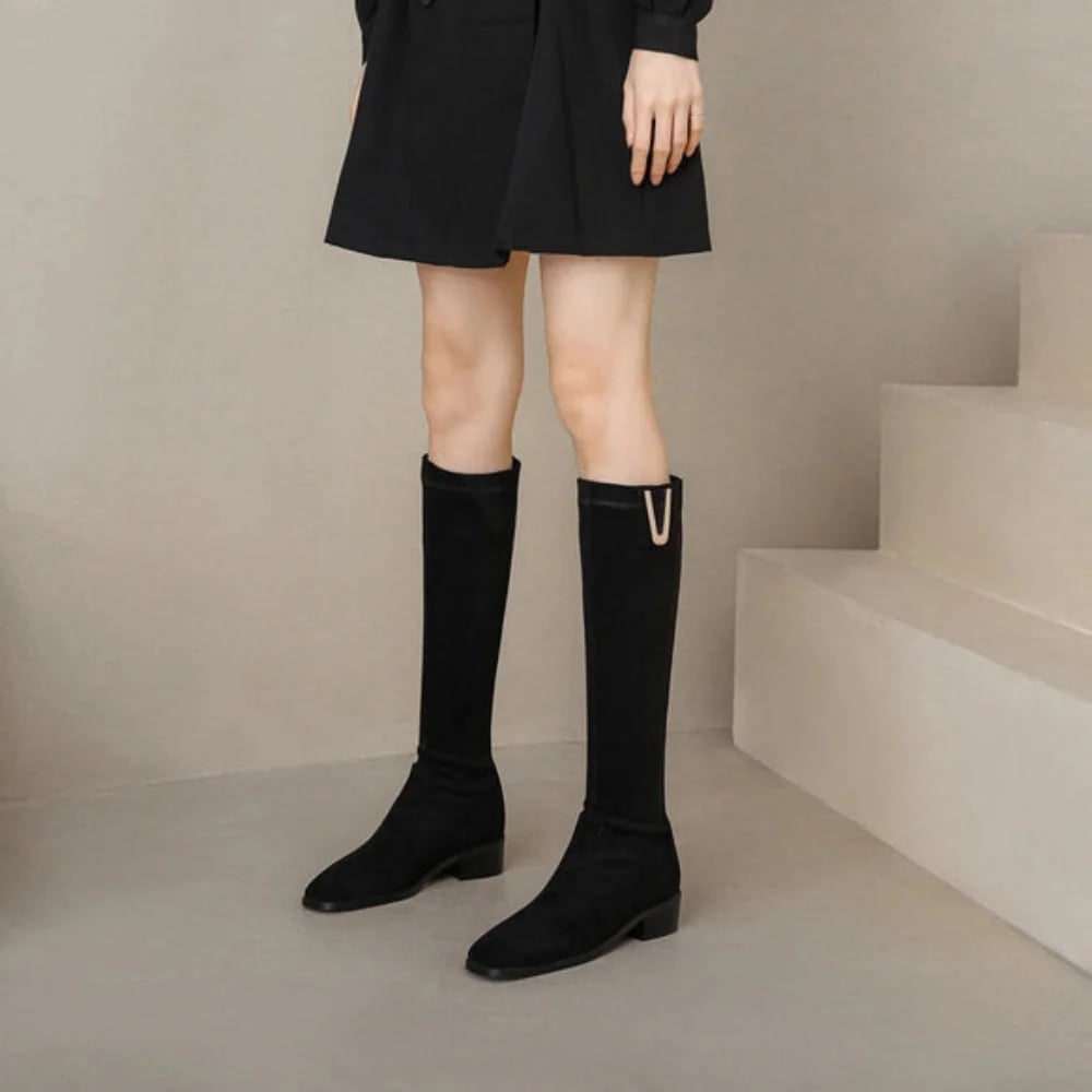 Women's Knee High Boots with Faux Suede Upper Low Block Heel and Almond Toe - Image 4
