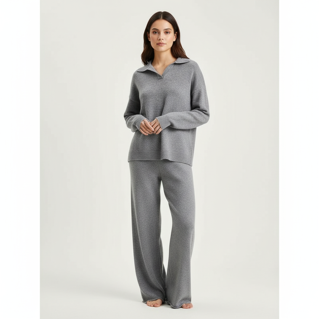 Women's Knit Loungewear Set with Polo Sweater and Wide Leg Pants - Image 10
