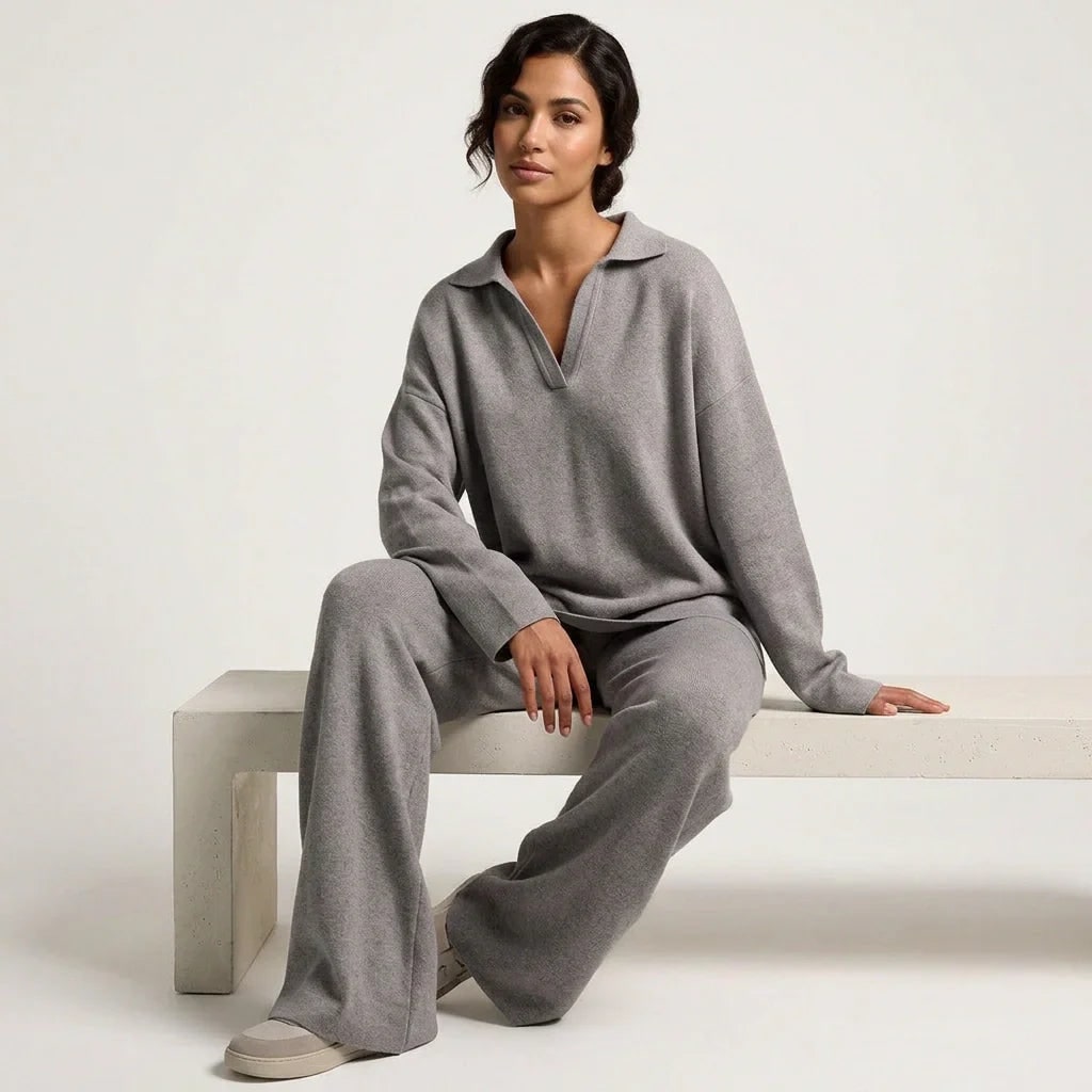 Women's Knit Loungewear Set with Polo Sweater and Wide Leg Pants - Image 12