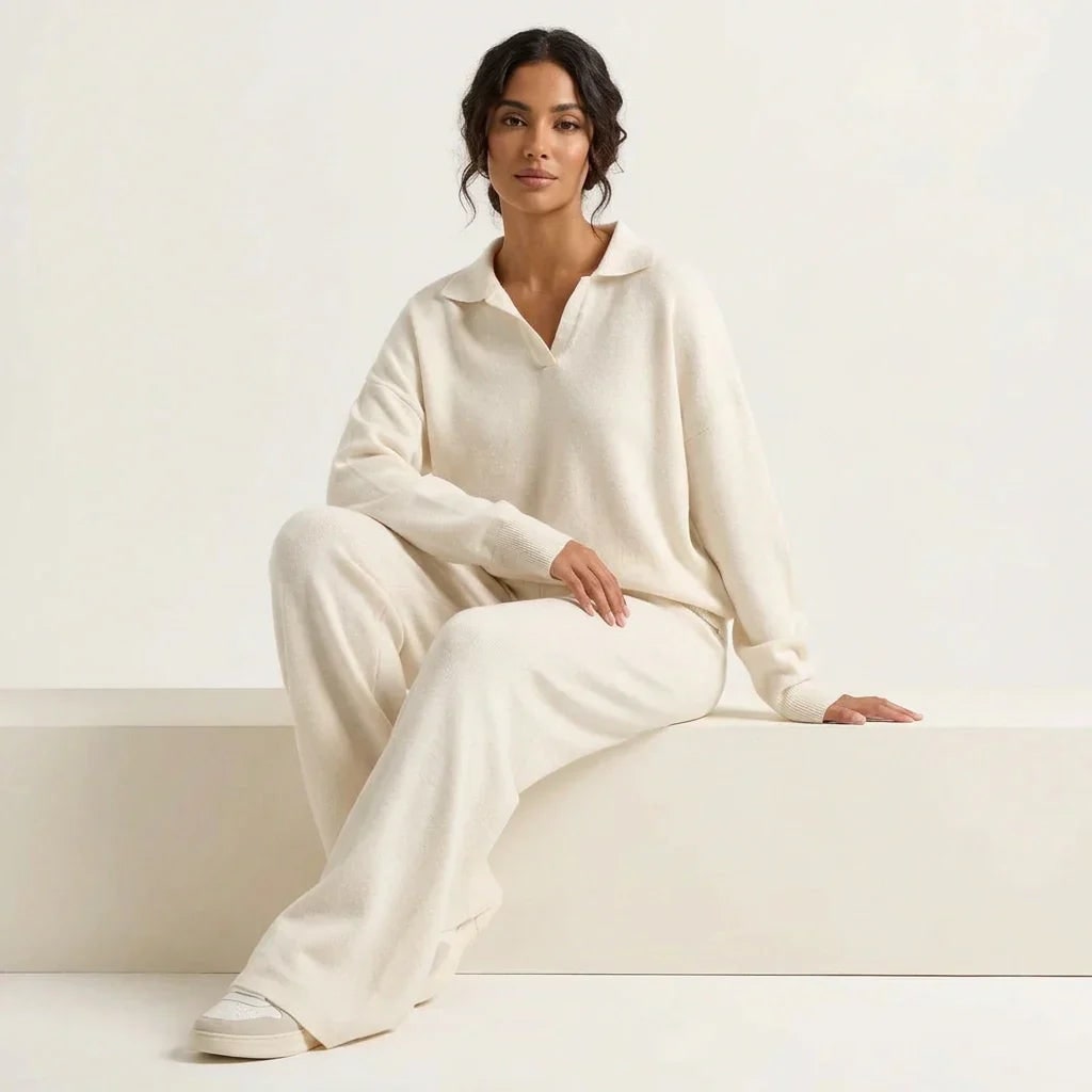 Women's Knit Loungewear Set with Polo Sweater and Wide Leg Pants - Image 2