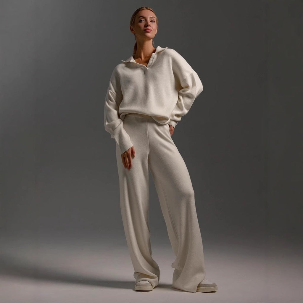 Women's Knit Loungewear Set with Polo Sweater and Wide Leg Pants - Image 3