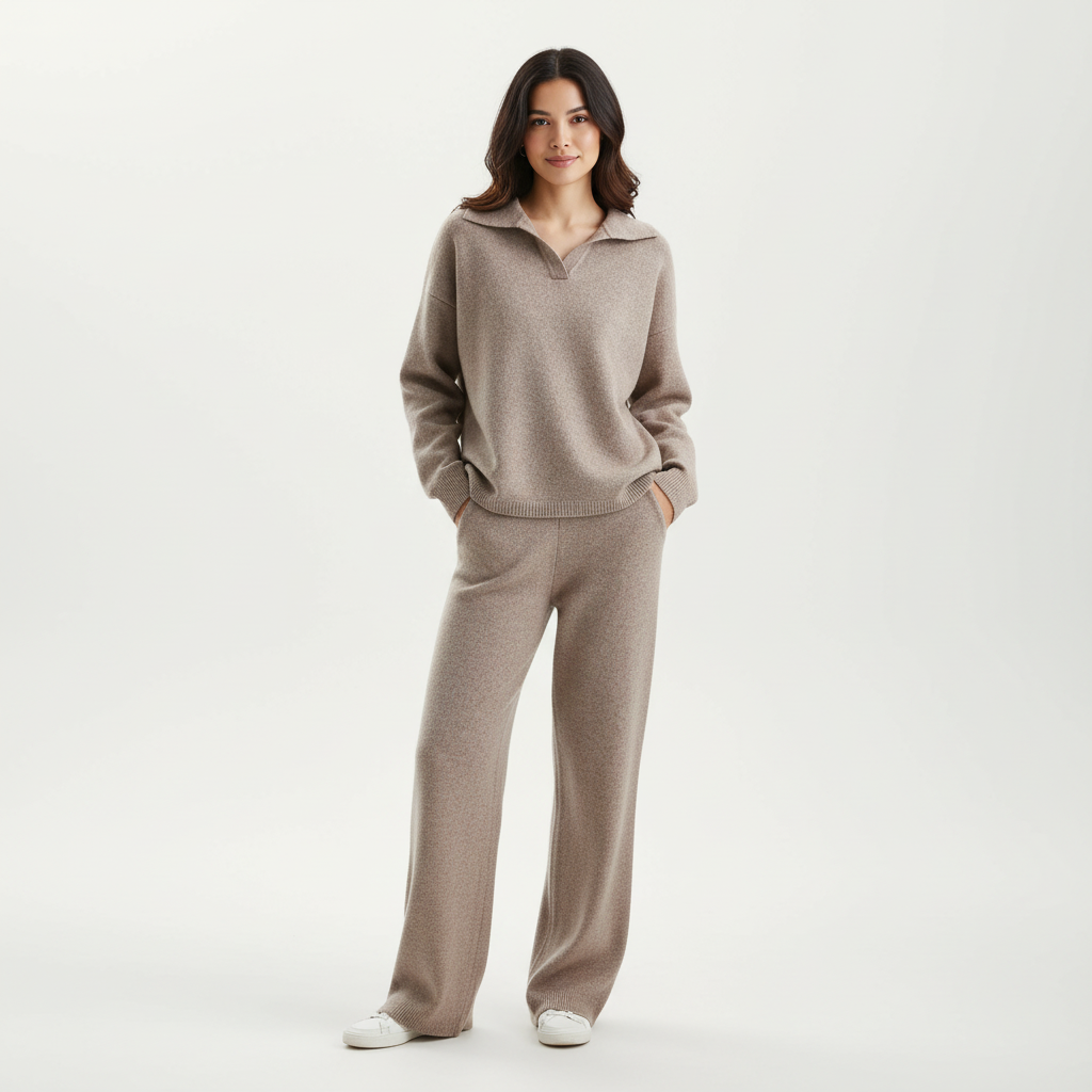 Women's Knit Loungewear Set with Polo Sweater and Wide Leg Pants - Image 4