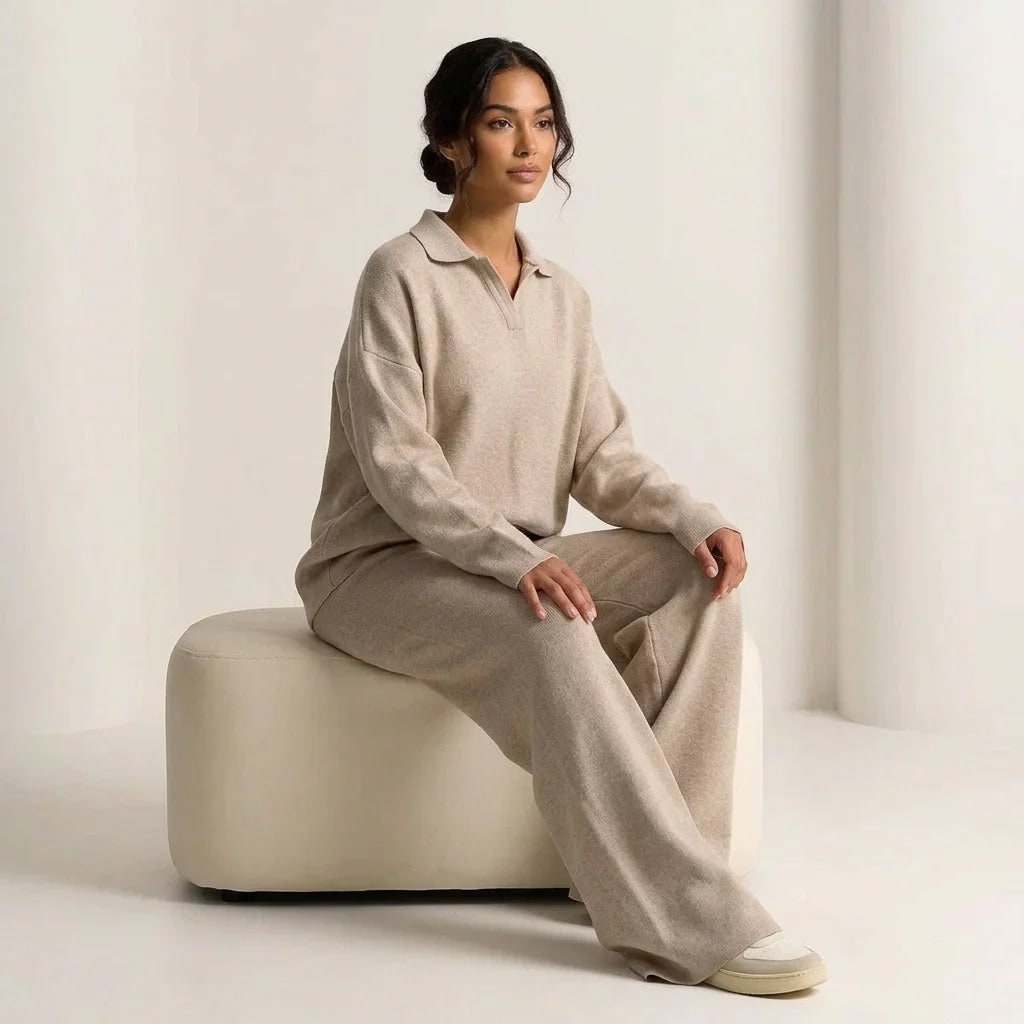 Women's Knit Loungewear Set with Polo Sweater and Wide Leg Pants - Image 5