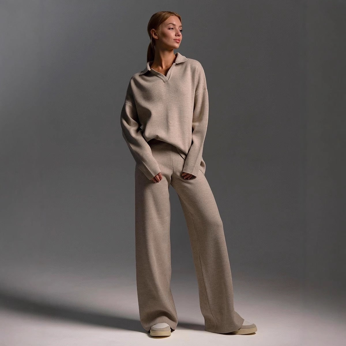 Women's Knit Loungewear Set with Polo Sweater and Wide Leg Pants - Image 6