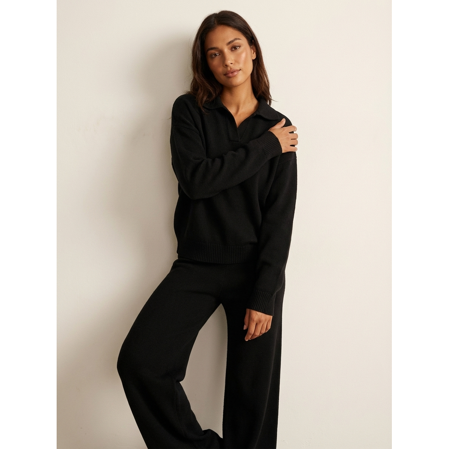 Women's Knit Loungewear Set with Polo Sweater and Wide Leg Pants - Image 7