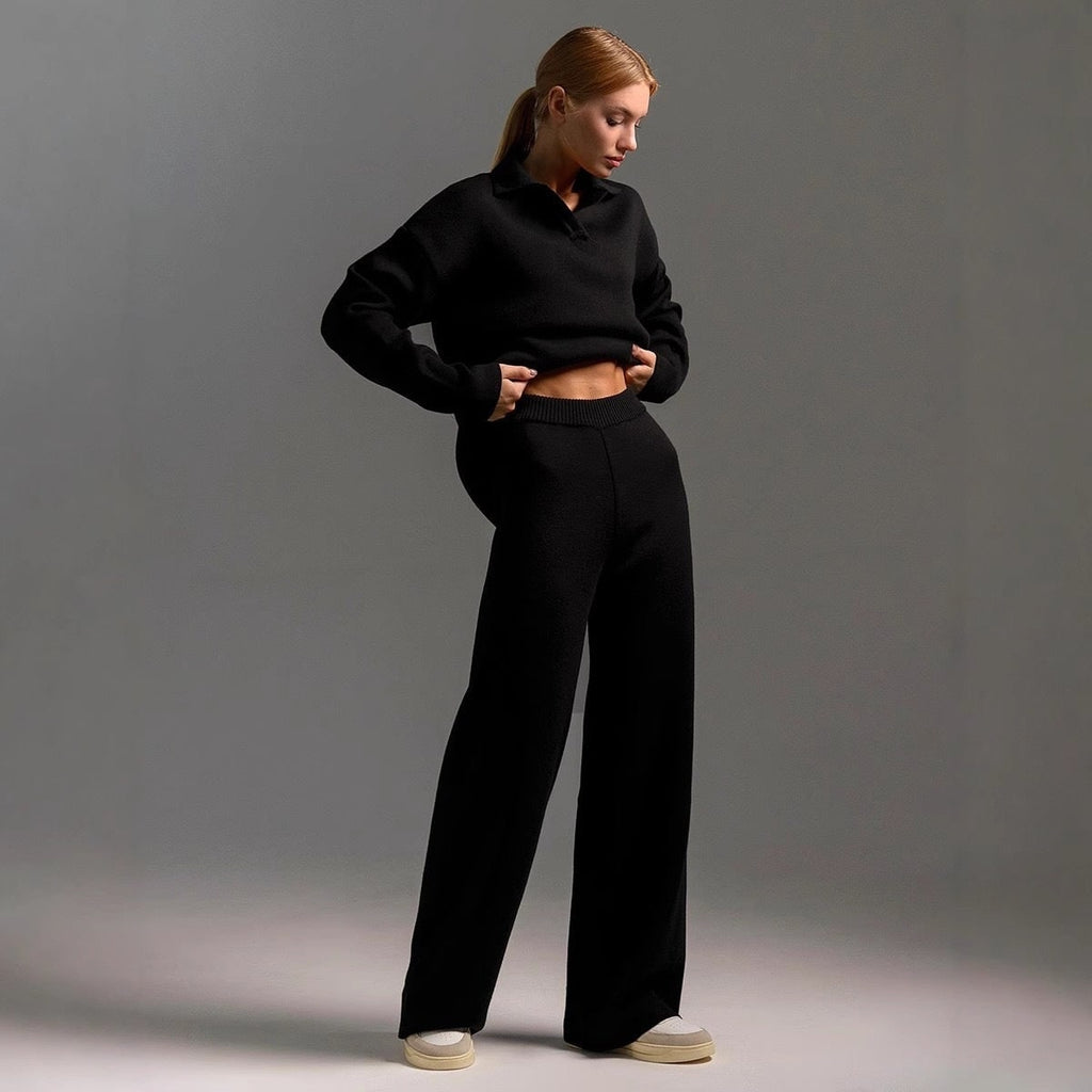 Women's Knit Loungewear Set with Polo Sweater and Wide Leg Pants - Image 8