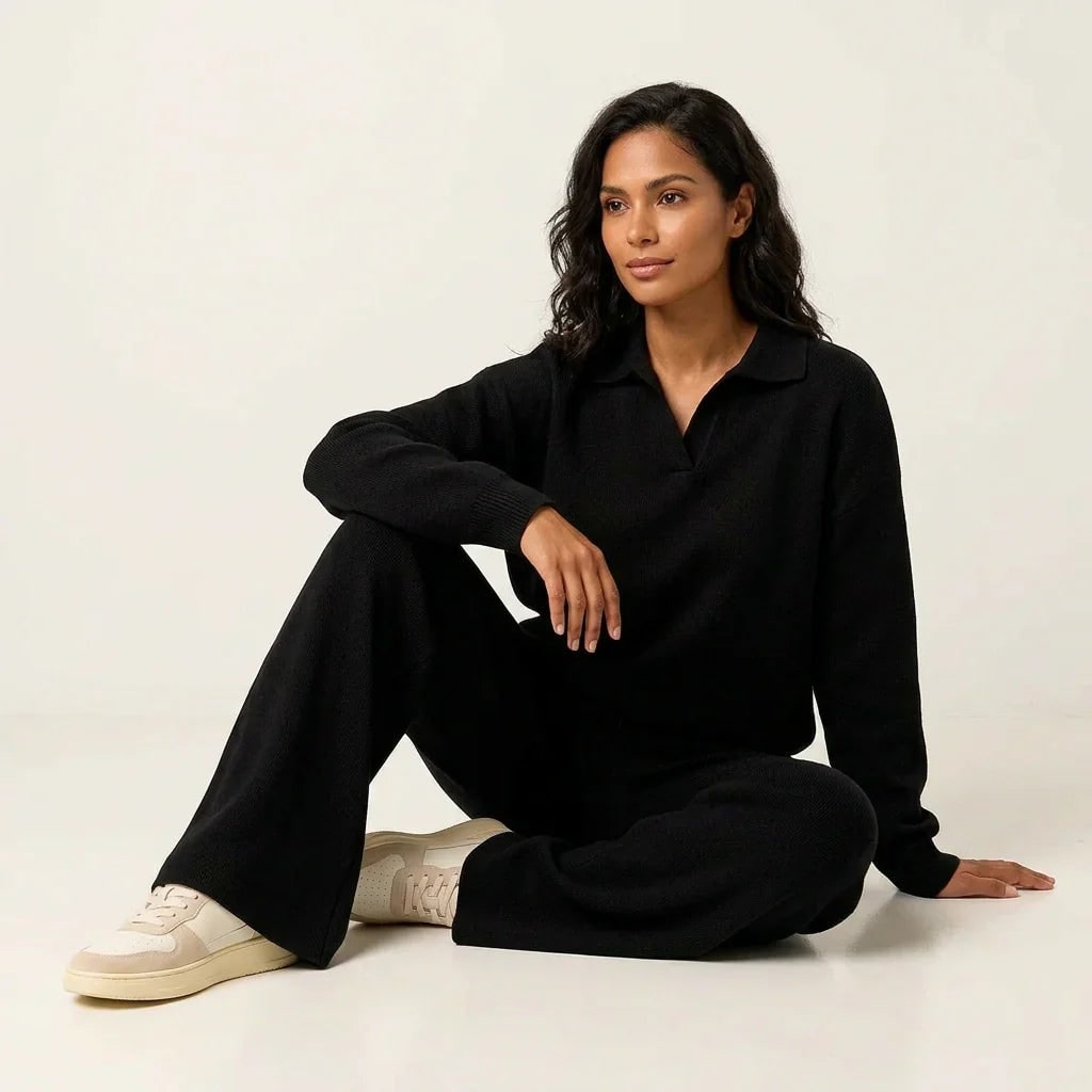 Women's Knit Loungewear Set with Polo Sweater and Wide Leg Pants - Image 9